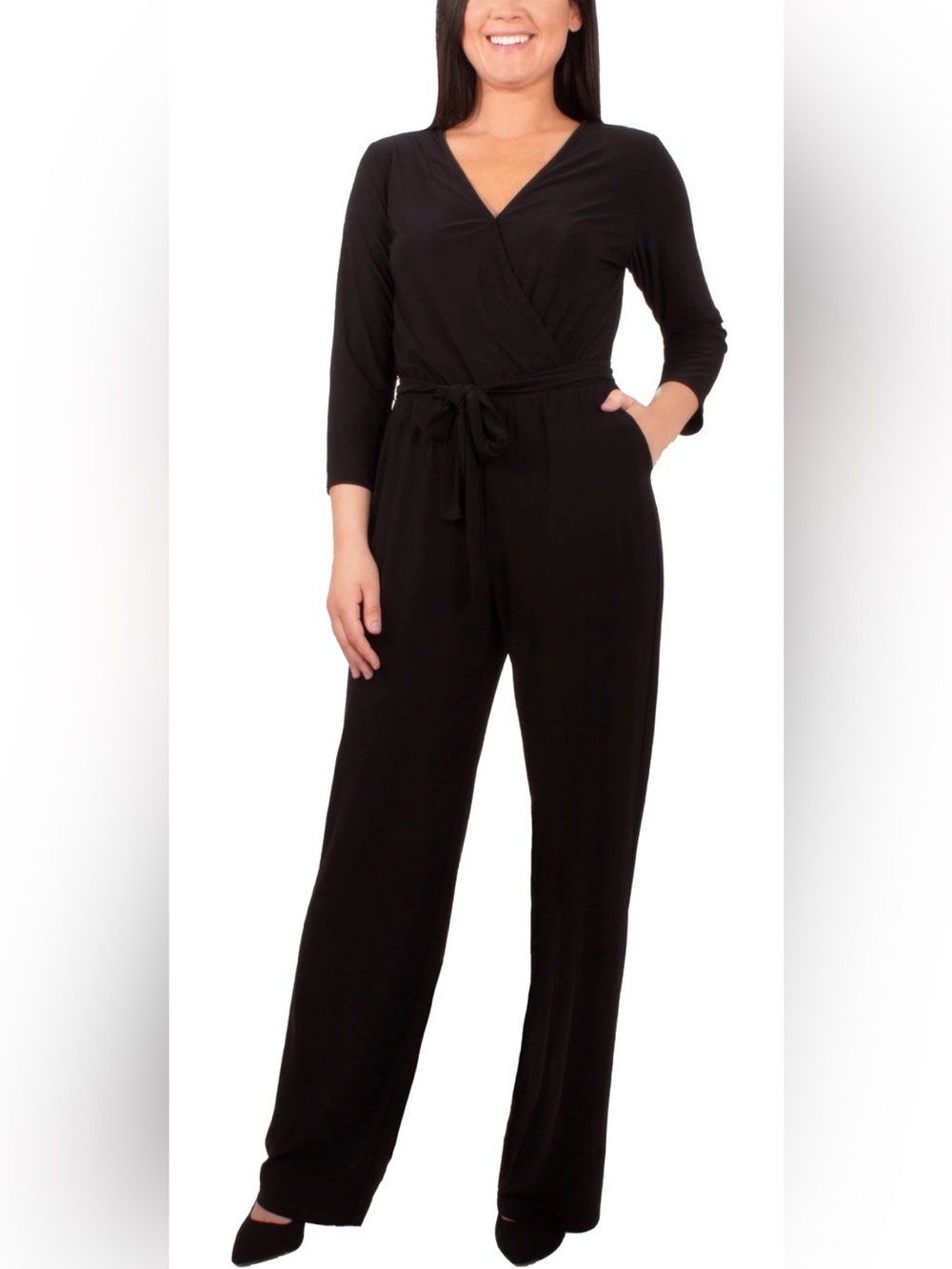 NY Collection 3/4 sleeve belted jumpsuit, black, size small petite